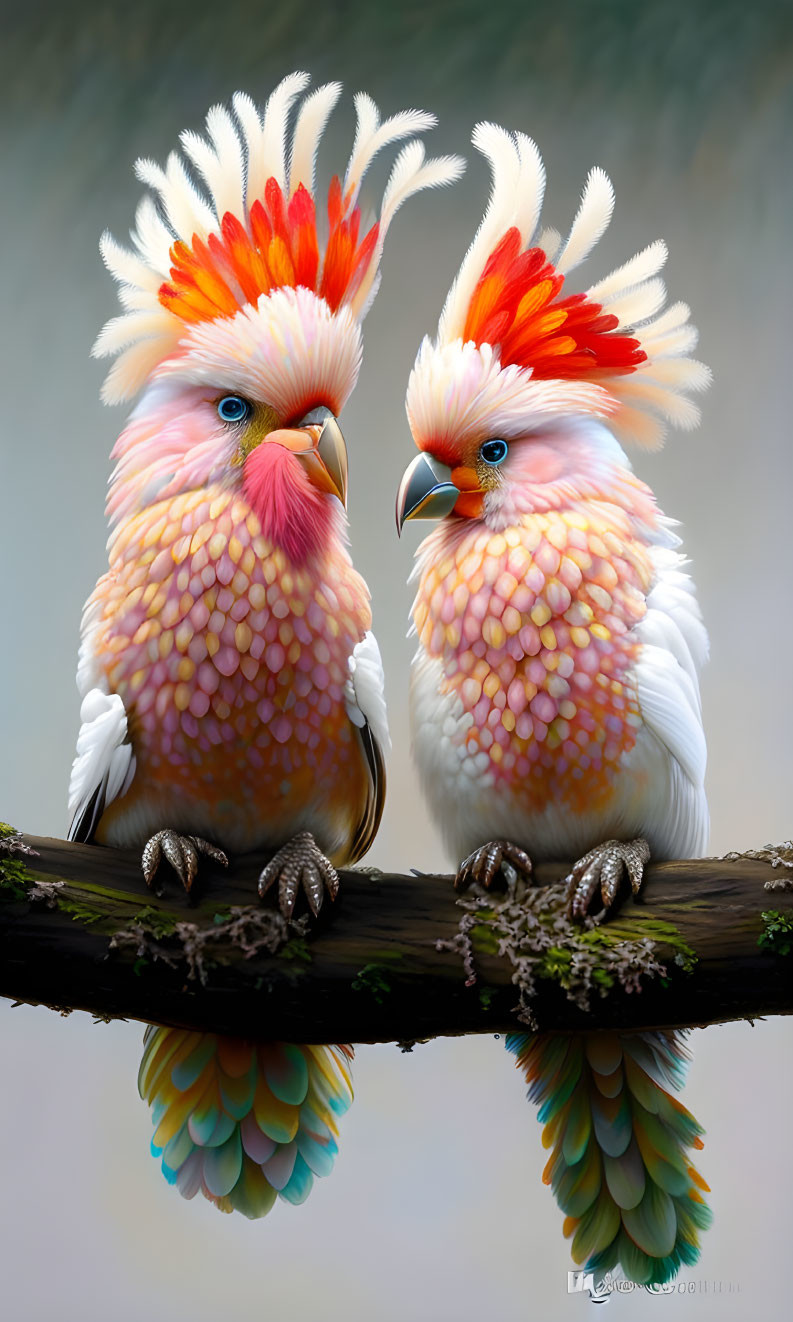 Colorful Cockatoos with Peachy Feathers and Orange Crests Perched on Branch