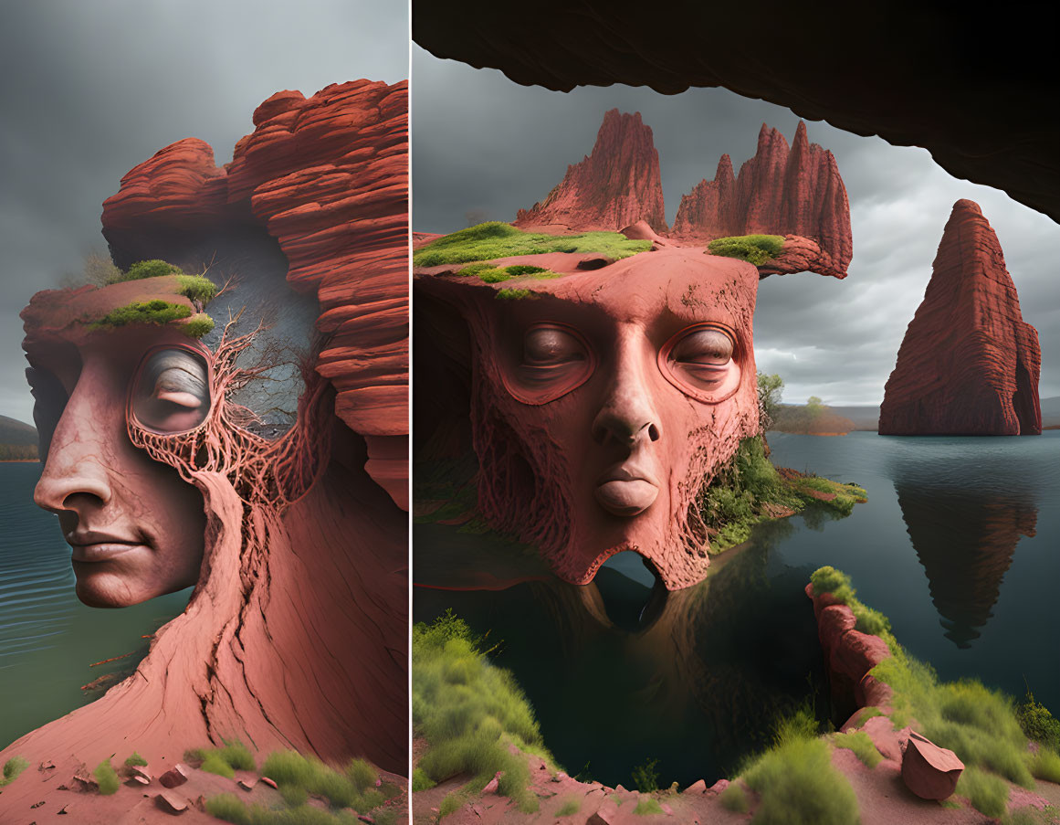 Surreal red rock formations resembling human faces in a landscape with greenery and water reflection.