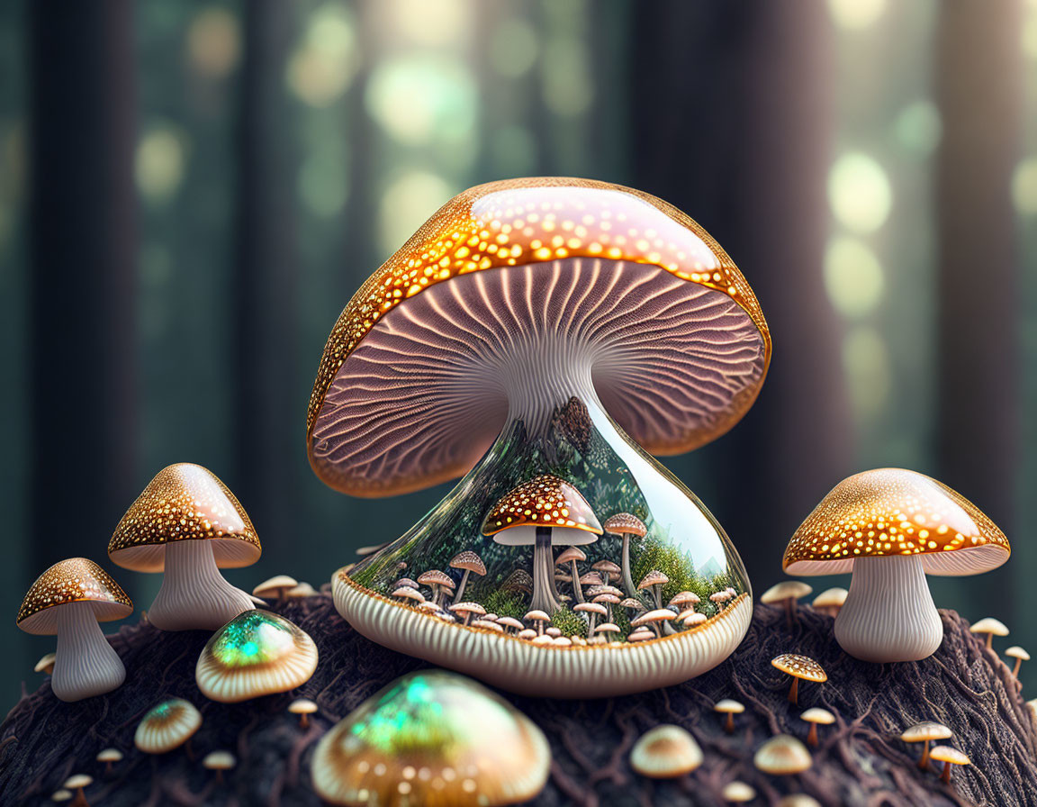 Fantasy illustration of luminous mushrooms in mystical forest