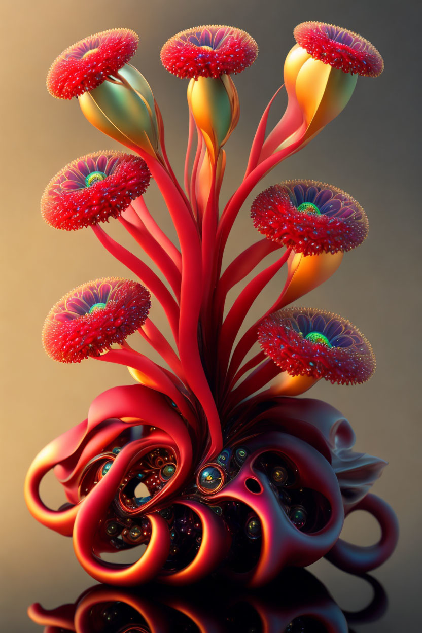 Colorful abstract digital artwork of plant-like structure with red stems and multi-colored blossoms and intricate patterns