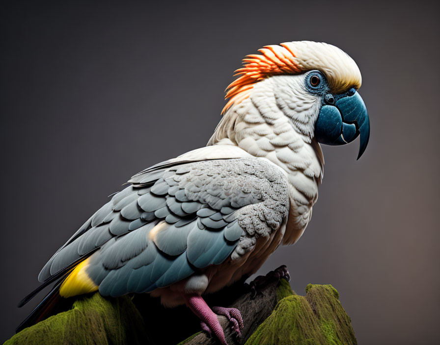 Vibrant parrot with orange crest and blue beak perched on branch