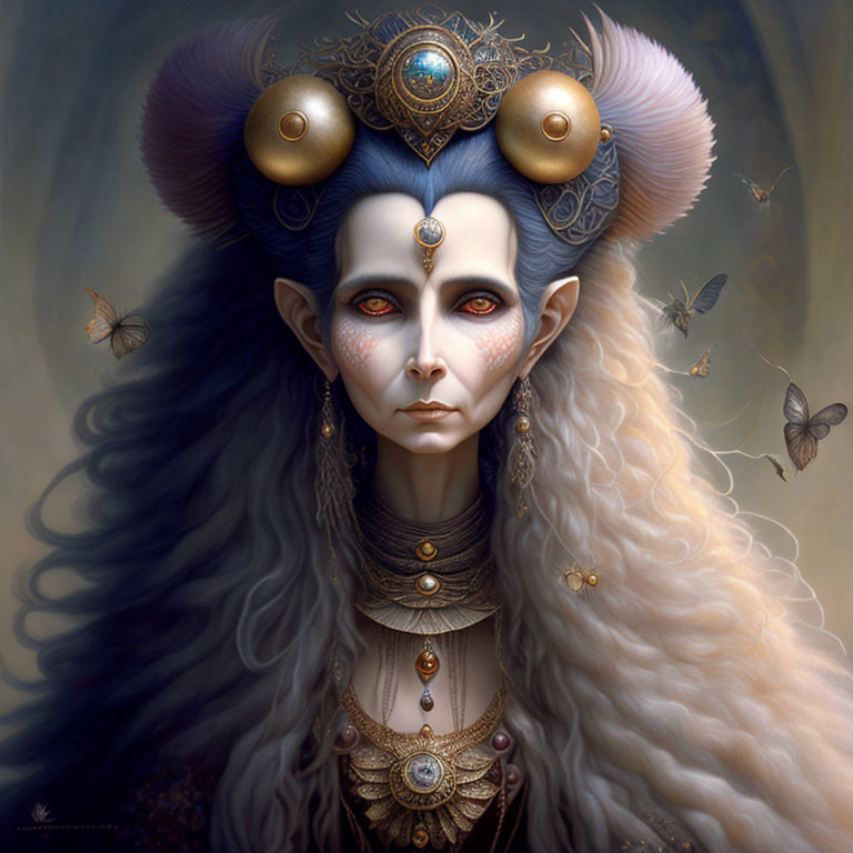 Regal elf-like being with gold and blue headpiece, red eyes, surrounded by moths.