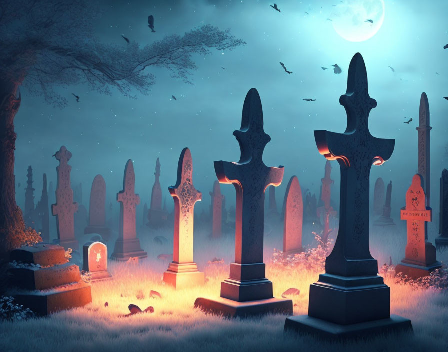 Moonlit graveyard with ornate tombstones, luminous fog, and flying birds at night