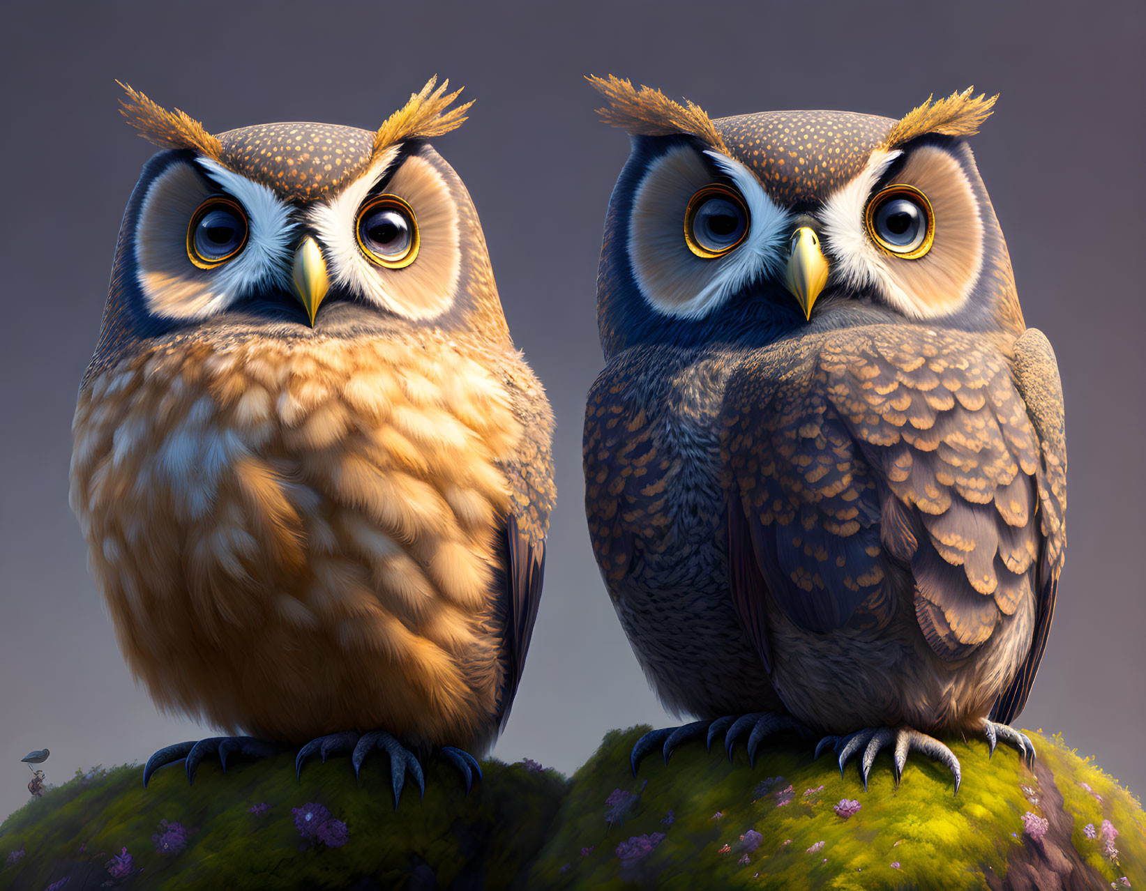 Colorful Cartoon Owls Perched on Mossy Rock