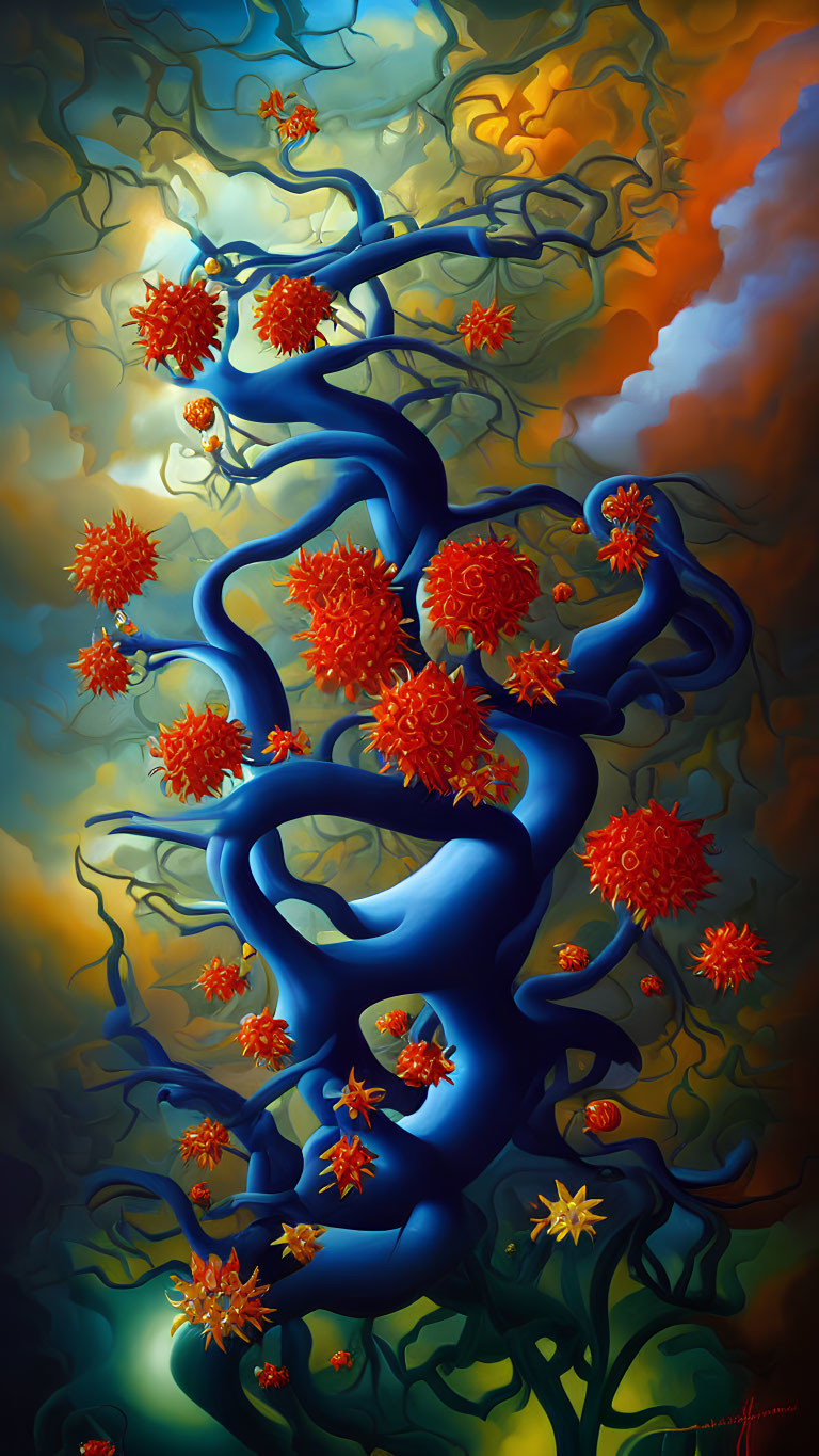 Vibrant blue tree with red flowers in surreal painting