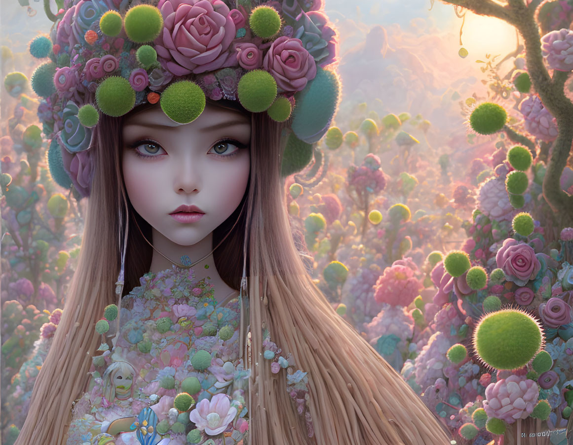 Digital art portrait: Girl with large eyes in floral attire, in a fantasy garden with soft light