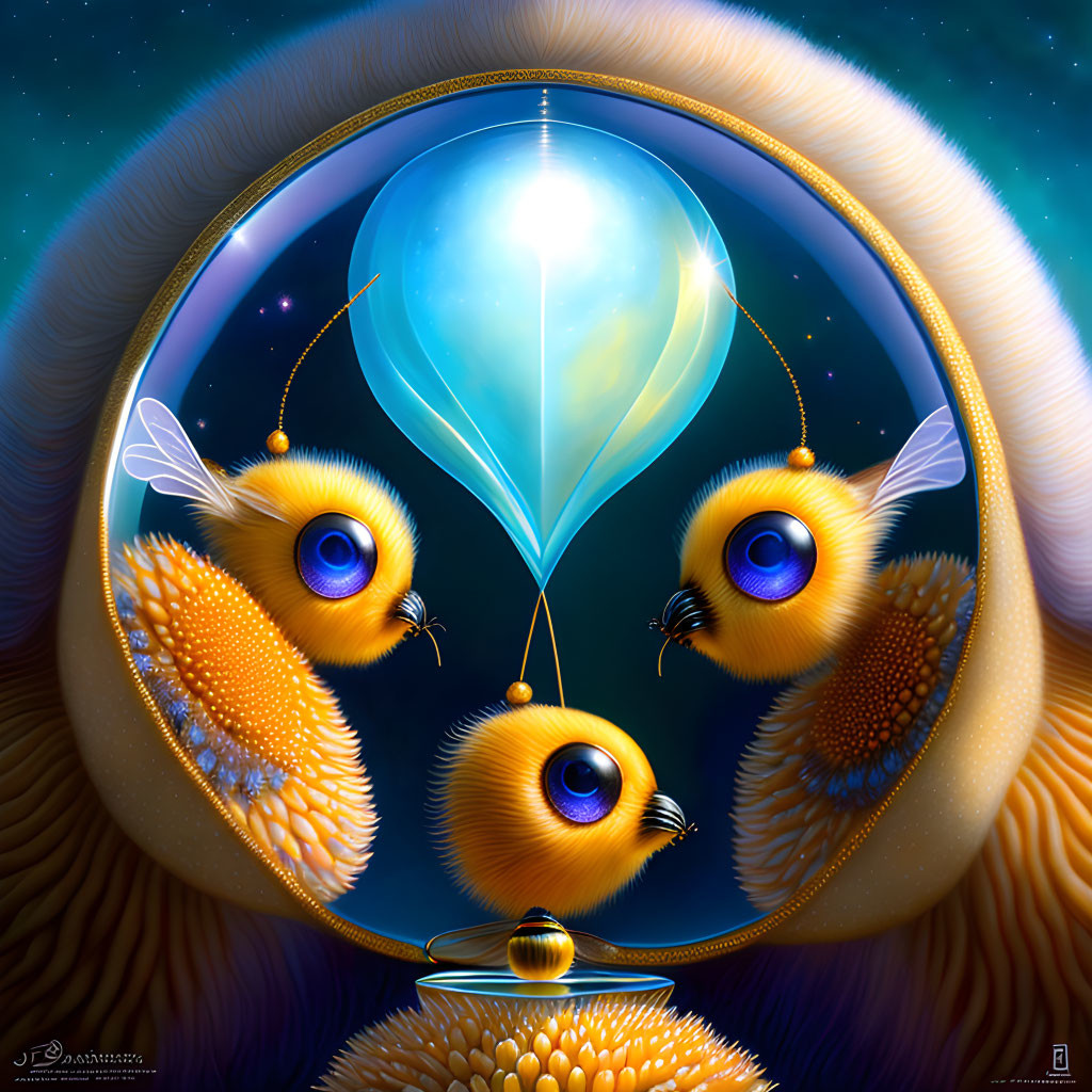 Anthropomorphic bees in surreal artwork with glowing, balloon-like object