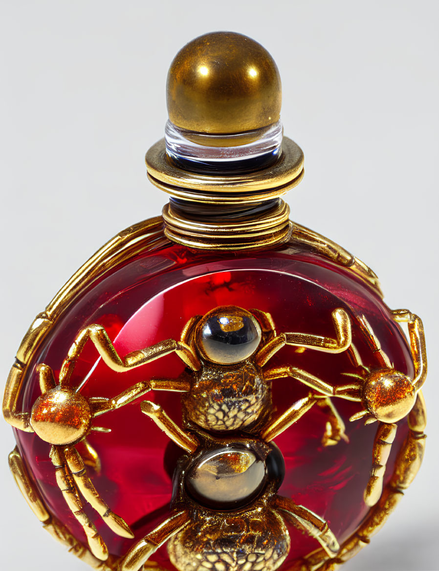 Golden Spider Embellished Red Glass Perfume Bottle with Cap