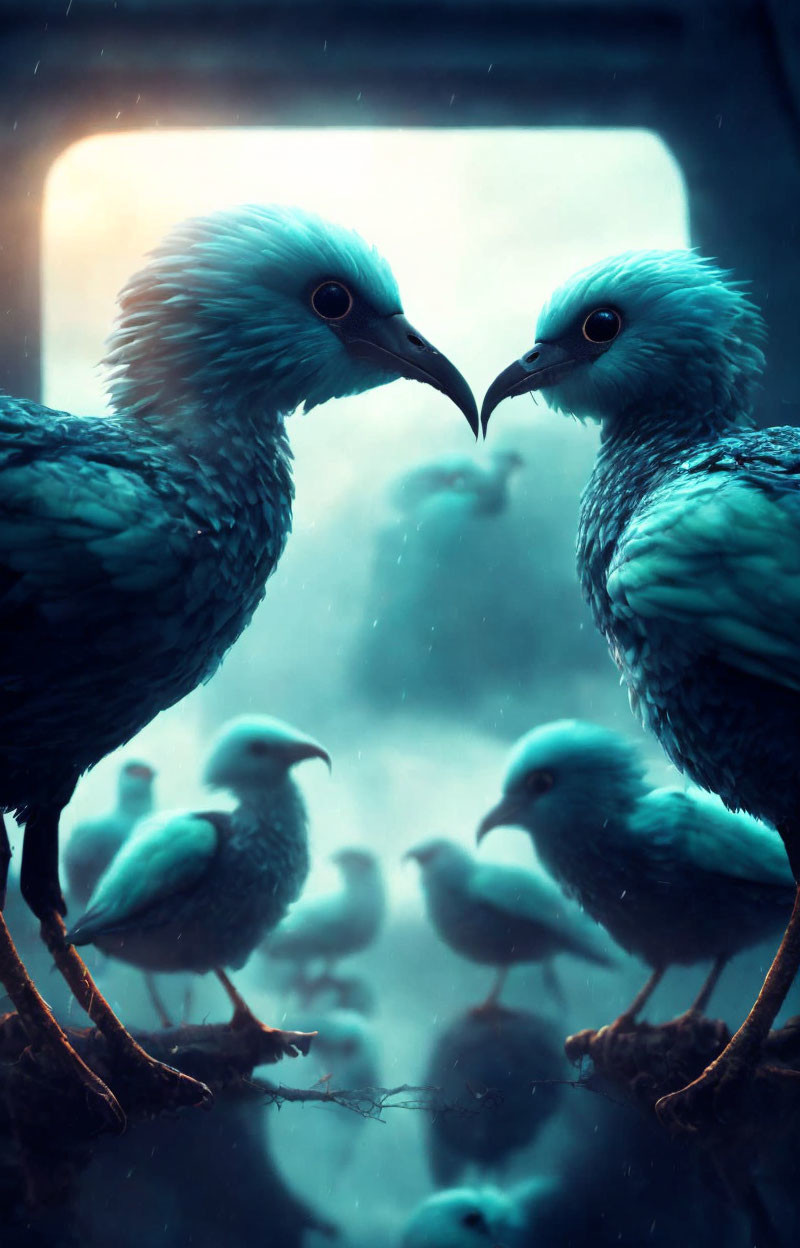 Stylized blue birds touching beaks on branch with glowing background