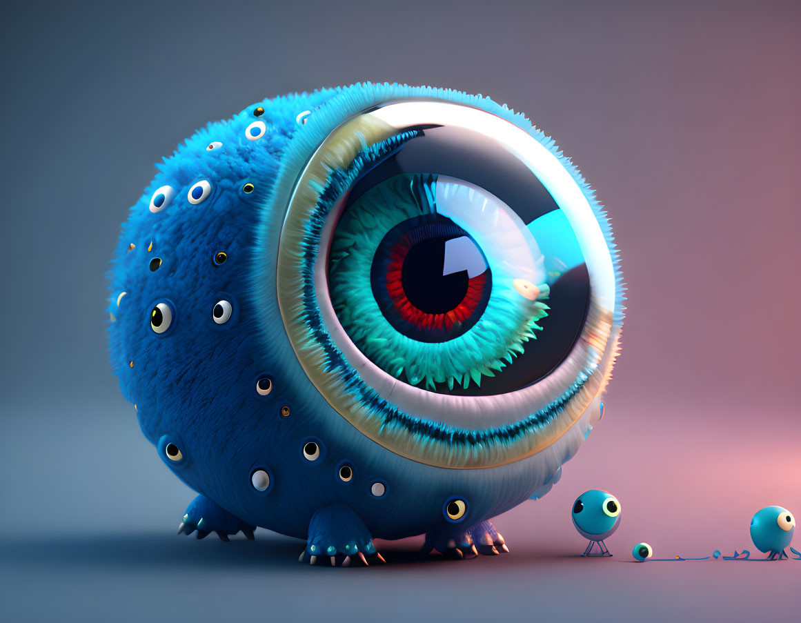 Colorful 3D spherical creature with multiple eyes and miniatures on leash