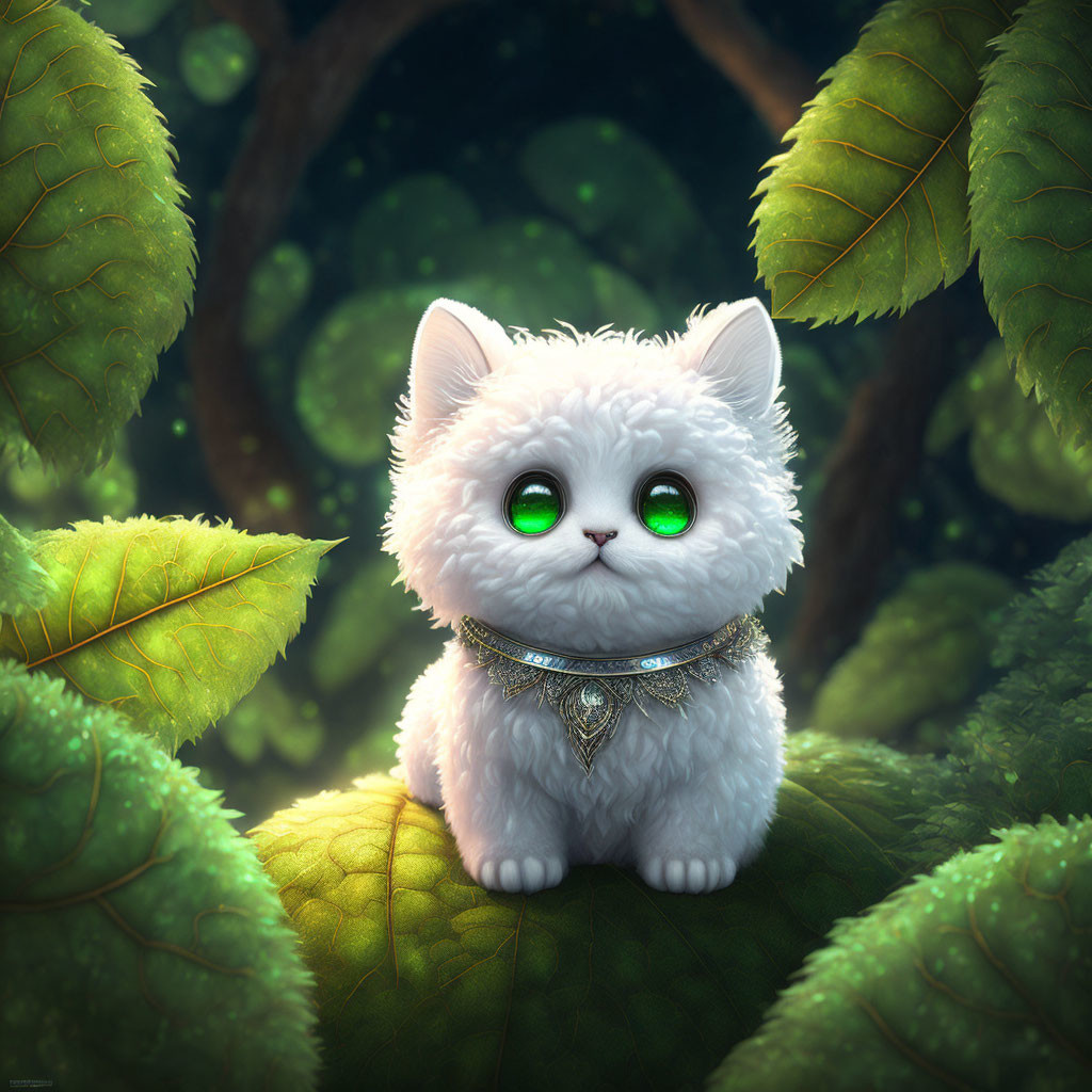 White Kitten with Green Eyes on Leaf with Collar in Greenery