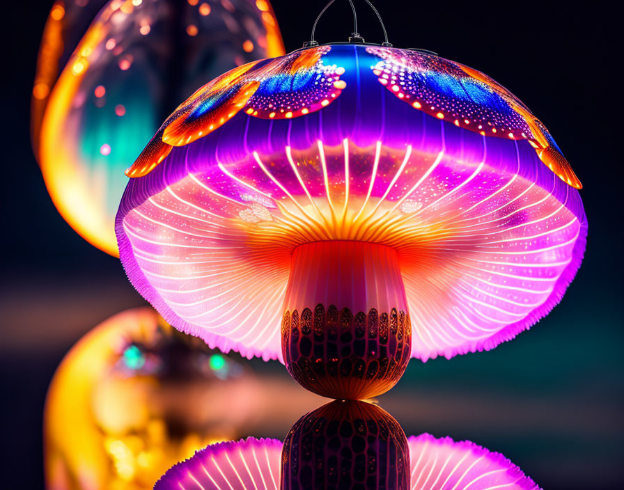 Vibrant illuminated jellyfish lanterns on dark background