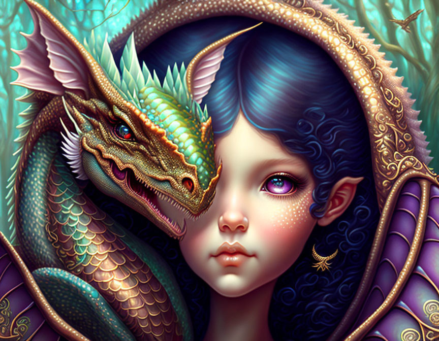 Fantasy illustration: girl with blue hair and dragon, intricate decorative patterns