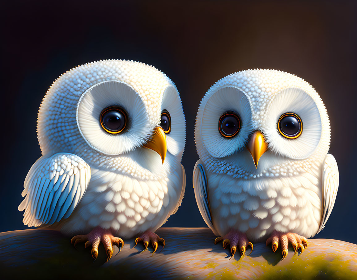 Stylized cartoonish white owls with large eyes on dark background