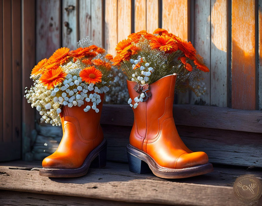 Orange cowboy boots with flowers on wooden step