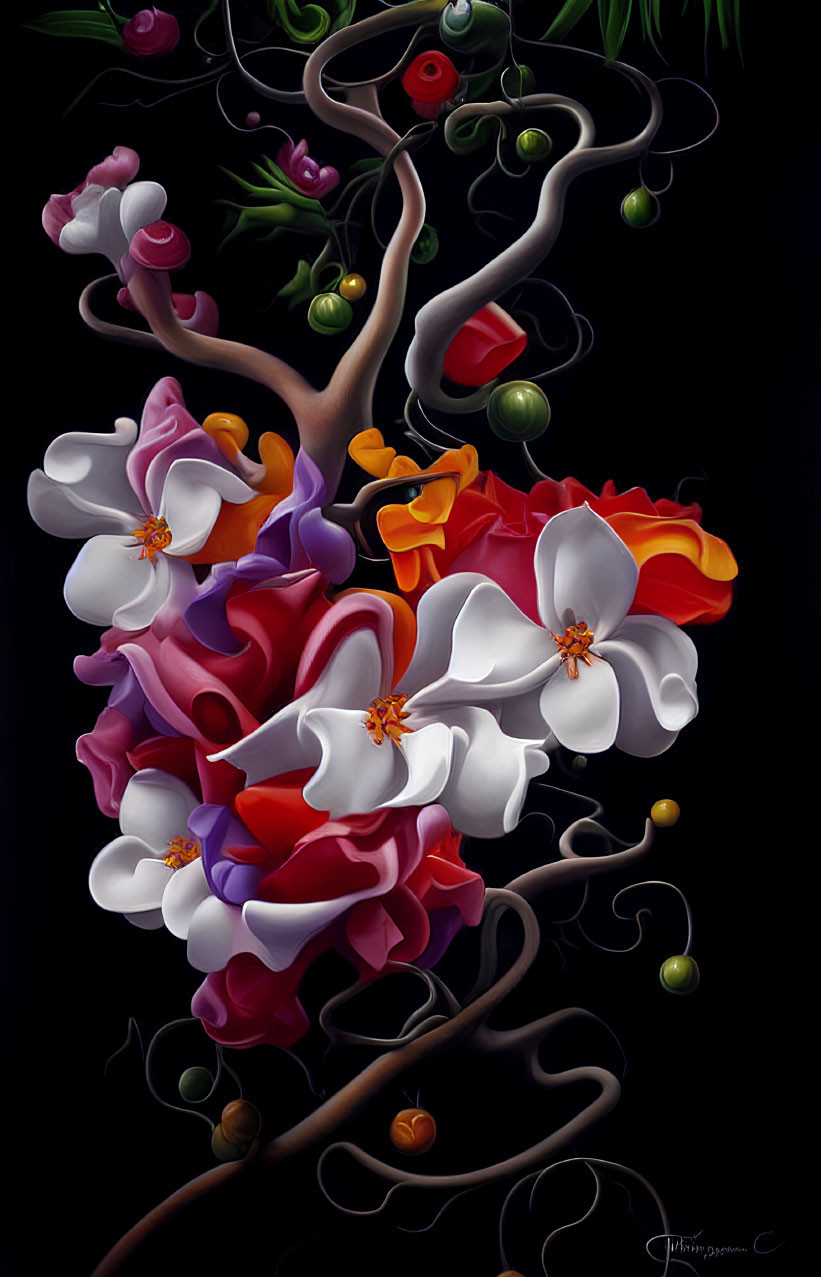 Whimsical tree with vibrant flowers and berries on dark background