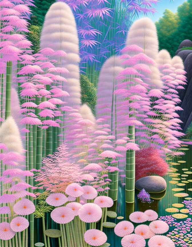 Colorful illustration of mystical garden with fluffy trees, bamboo, and water lilies near serene pond