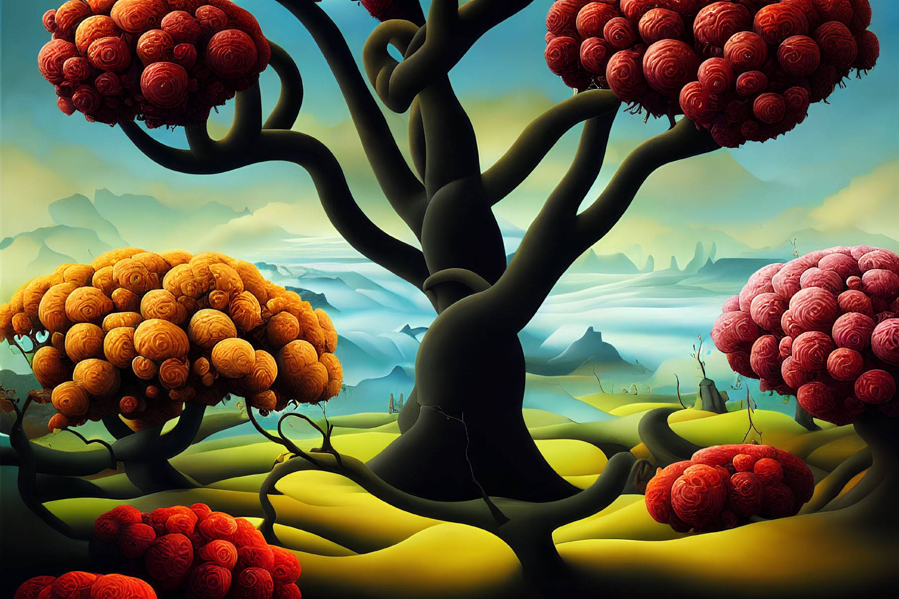 Spherical red and orange foliage tree in stylized landscape