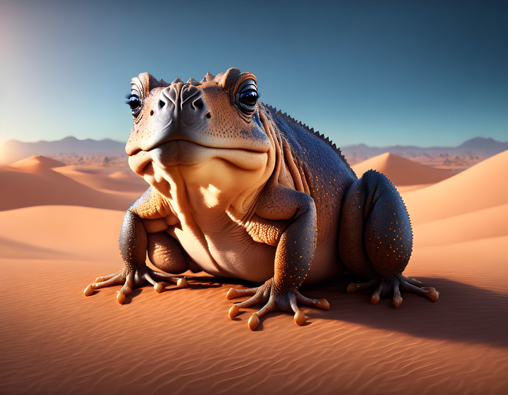 Detailed digital artwork: Large toad with human-like eyes on sand dunes under clear sky