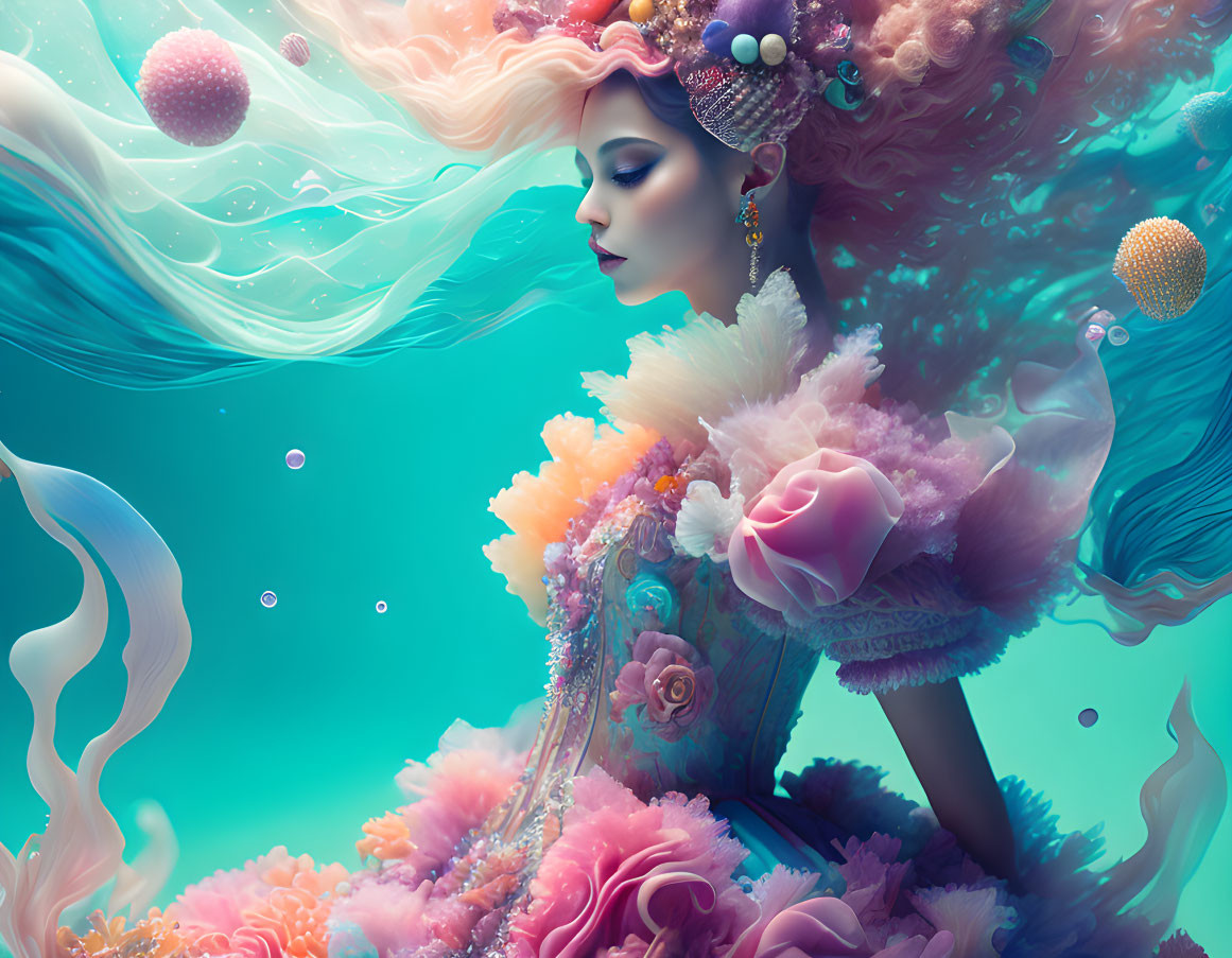 Colorful Woman Submerged in Surreal Underwater Scene