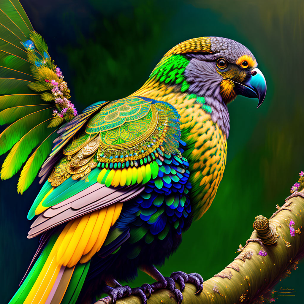 Colorful Stylized Bird with Detailed Patterns Perched on Branch