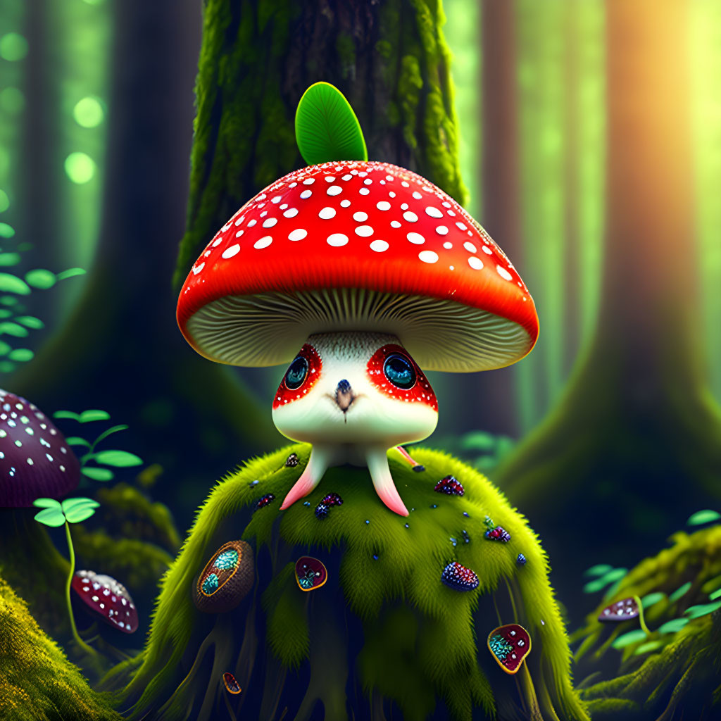 Red-Capped Mushroom Creature in Enchanted Forest