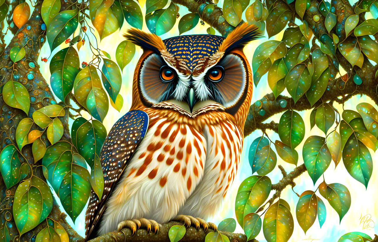Colorful Stylized Owl Illustration Perched on Branch