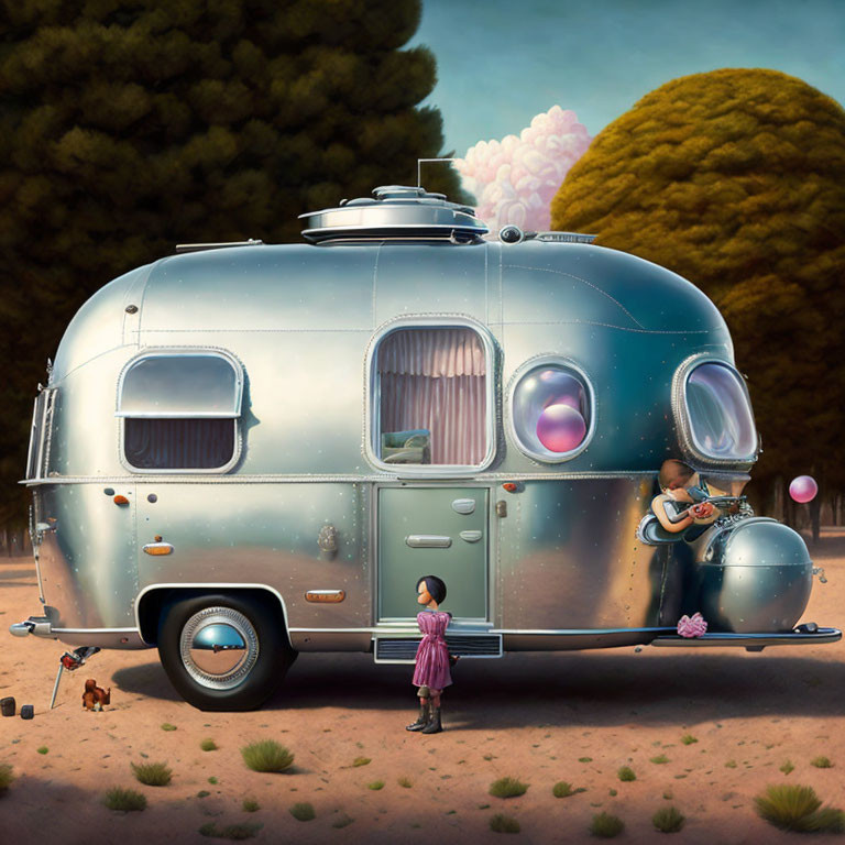 Vintage silver trailer in desert with man playing guitar, girl, and dog at dusk