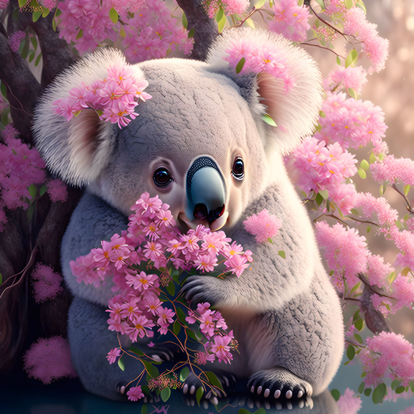 Fluffy koala with pink blossoms in tree habitat
