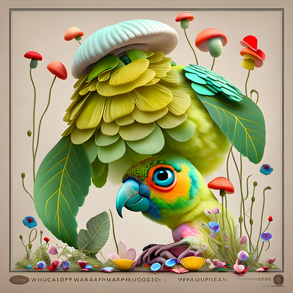 Colorful Stylized Parrot Artwork with Mushroom Crest and Floral Background