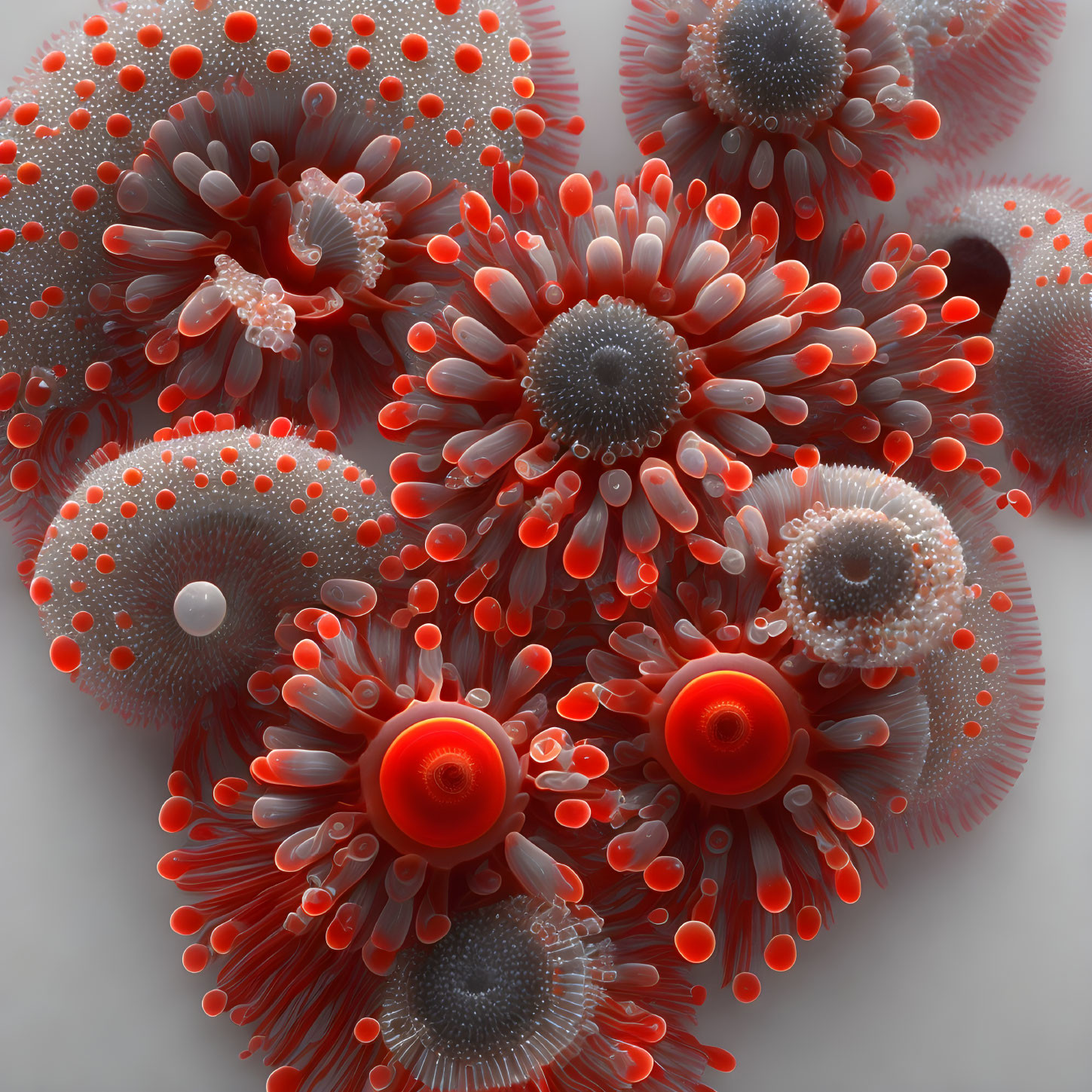 Vibrant 3D-rendered anemone-like structures in red, orange, and white