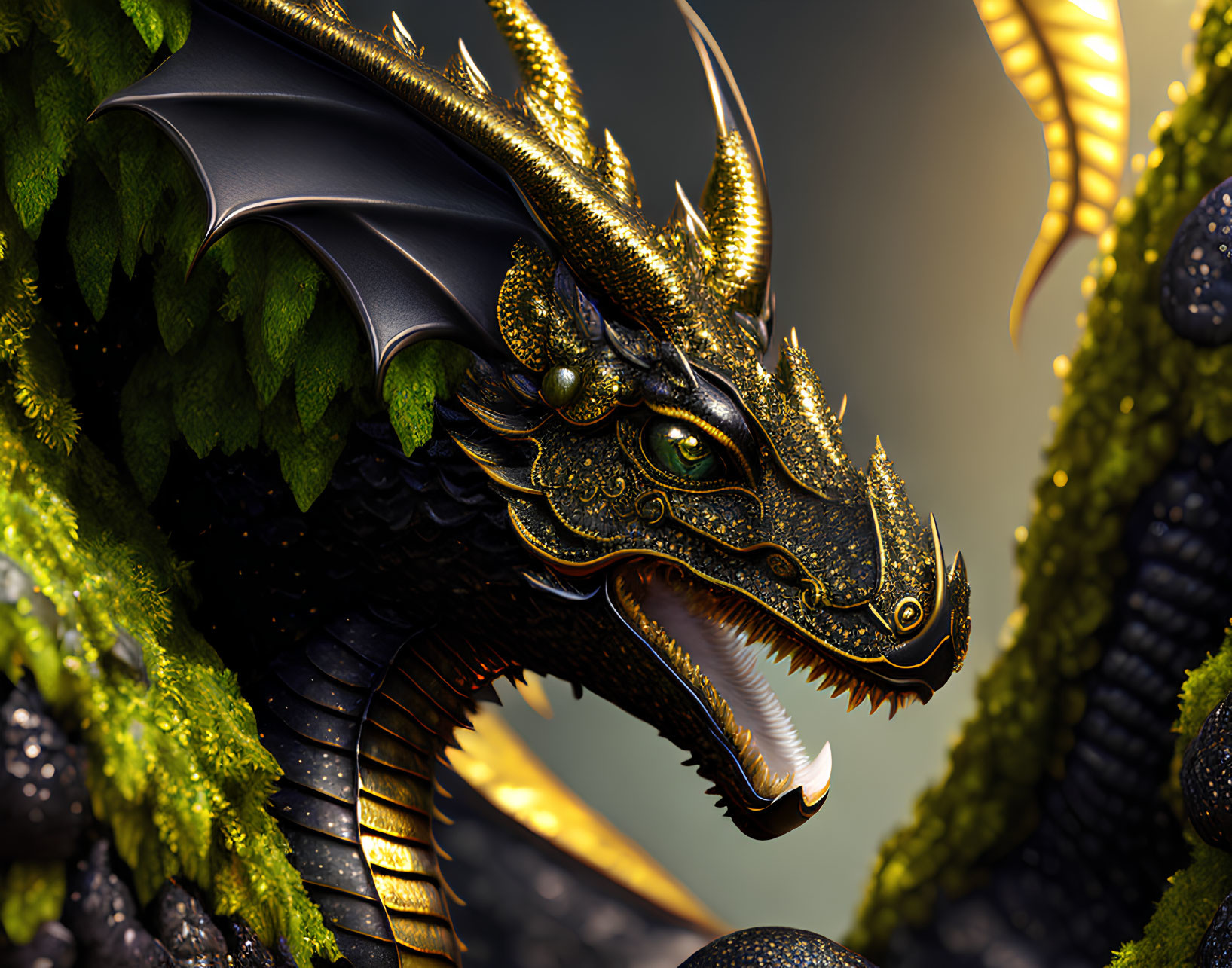 Detailed close-up of majestic black and gold dragon with intricate scales and horns, set in lush vegetation.