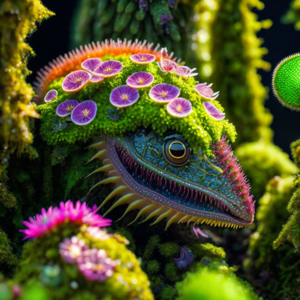 Colorful Lizard with Floral Patterns in Mossy Environment