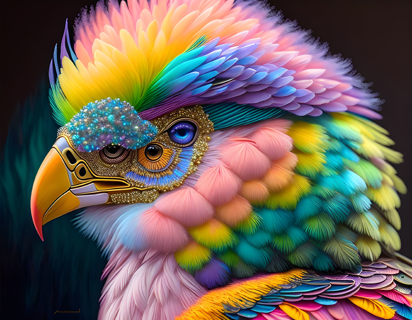 Colorful bird digital artwork with intricate beadwork and decorative mask.