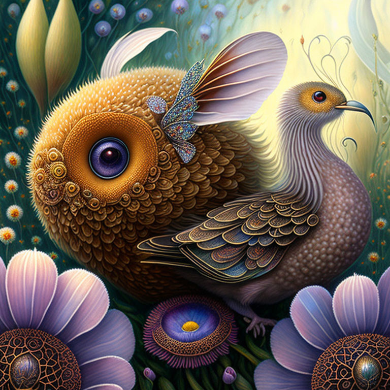 Intricate bird with multiple eyes in surreal floral setting