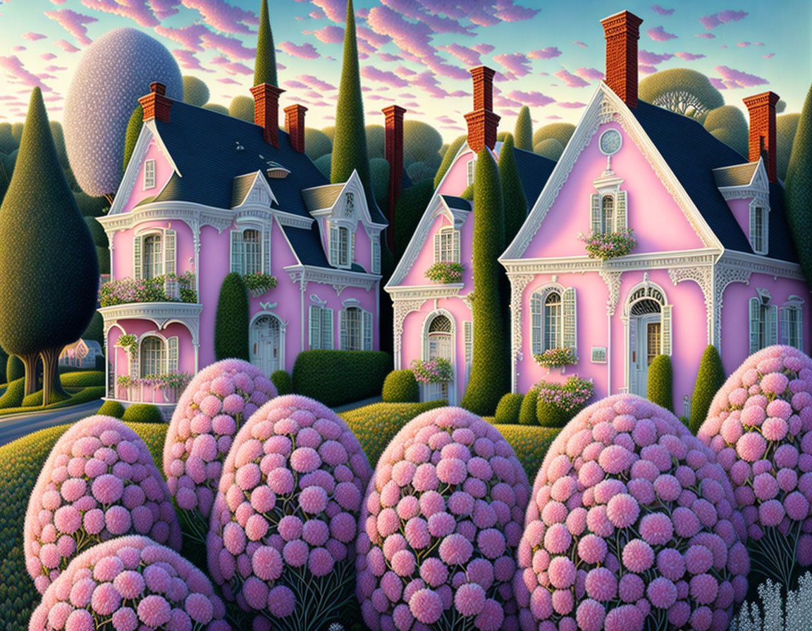 Surreal landscape with oversized pink flowers and Victorian-style houses