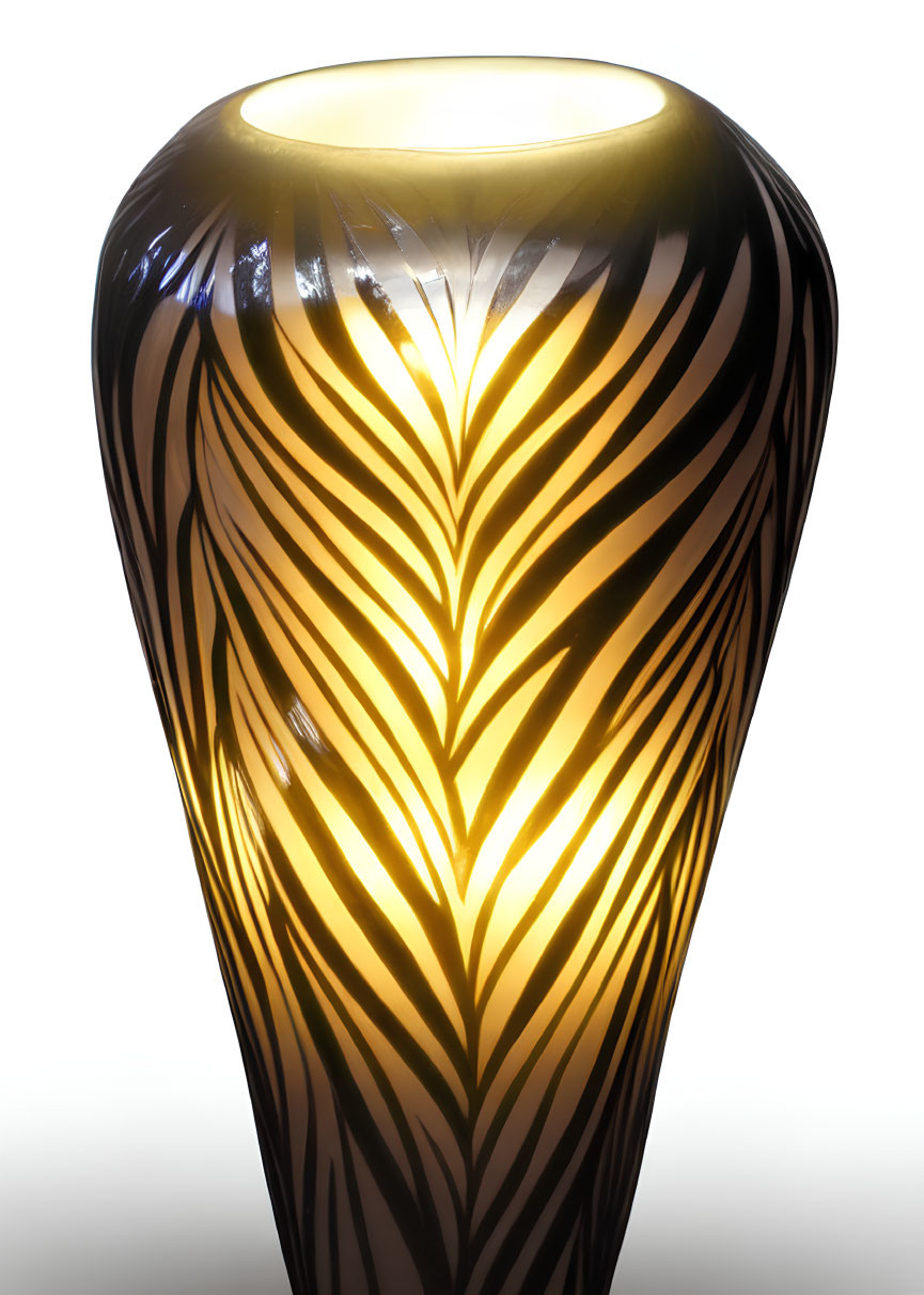 Glowing rim vase with dark exterior and feather-like pattern