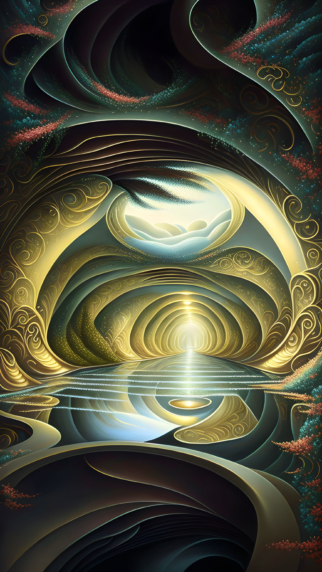 Surreal fractal landscape with swirling patterns in gold, green, and black