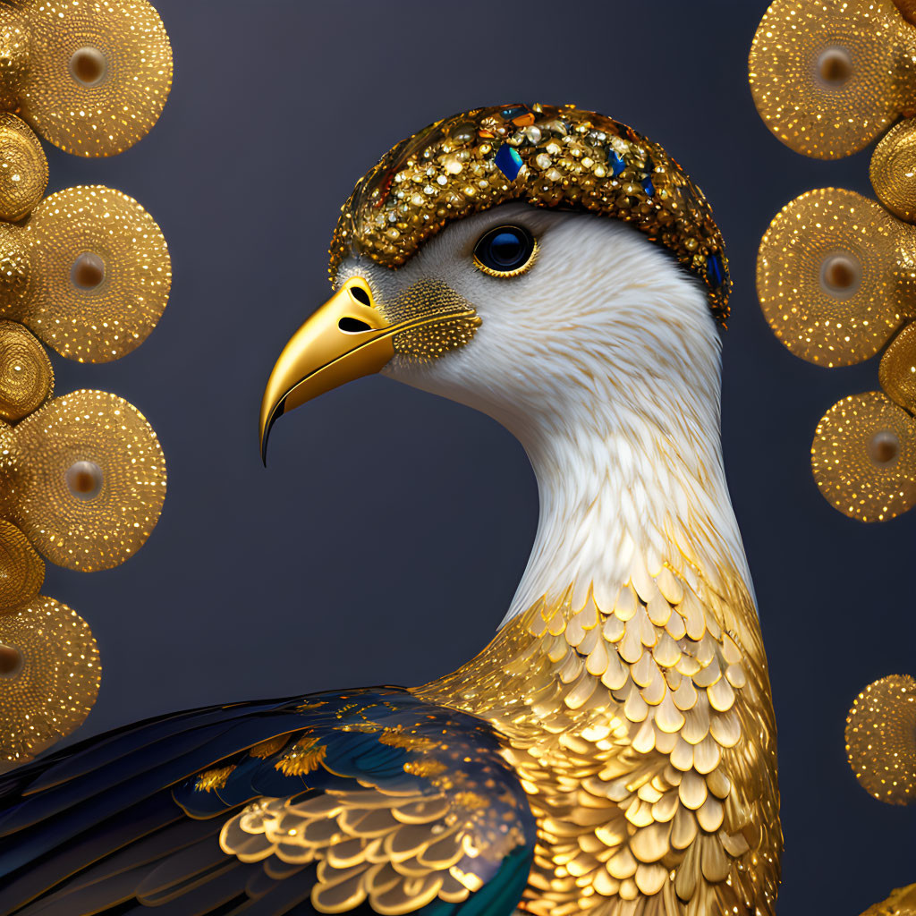 Golden eagle with jewel-encrusted headgear on golden backdrop