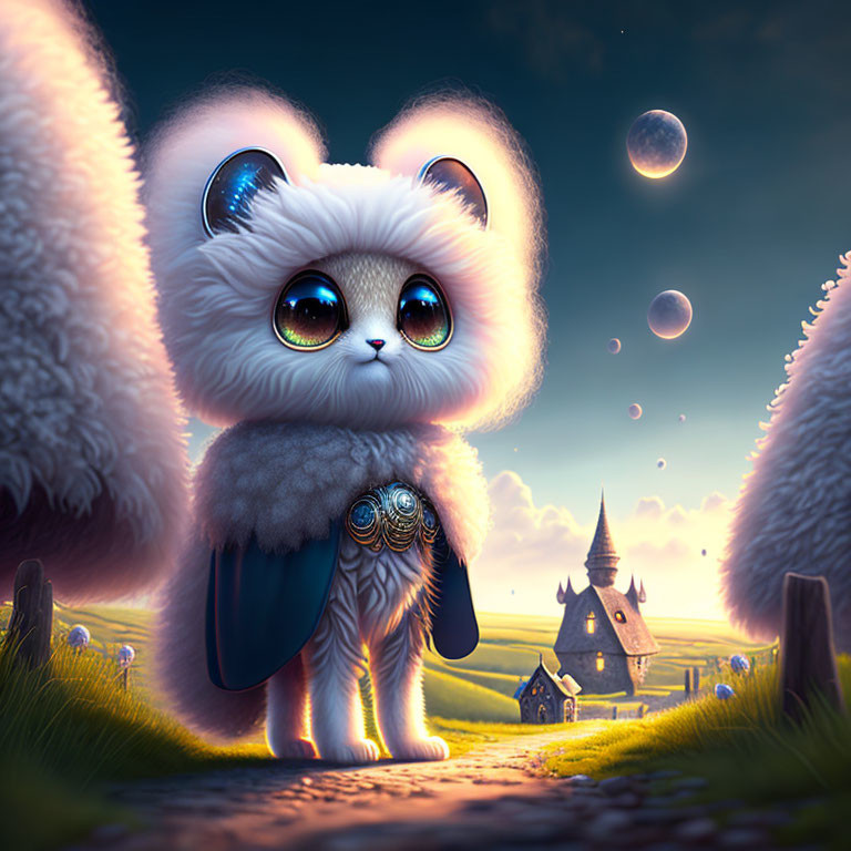 Fluffy white creature with large ears in whimsical landscape