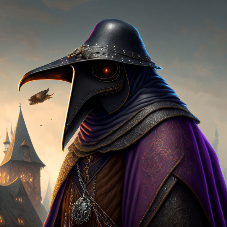 Stylized character in medieval plague doctor mask and cloak with castle backdrop at dusk