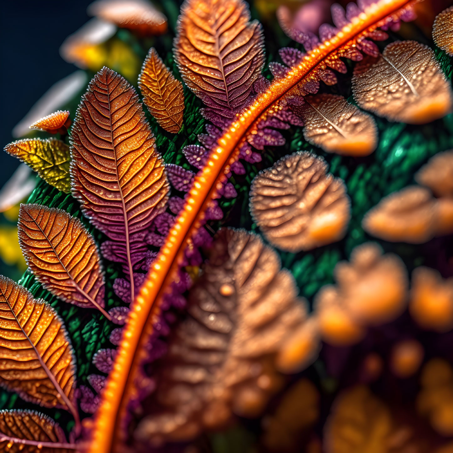 Detailed Close-Up of Vibrant Orange and Green Textured Leaves