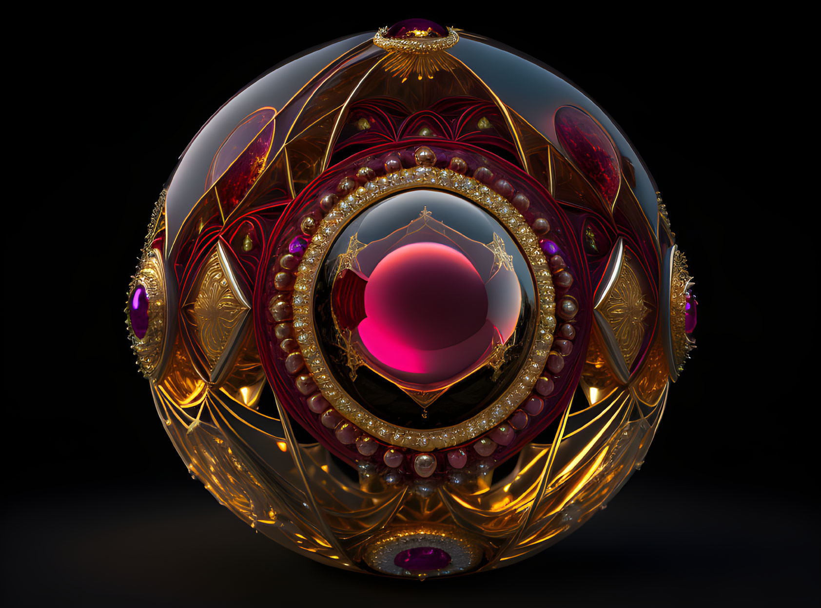 Intricate 3D art object with gold, red, and purple patterns on dark background