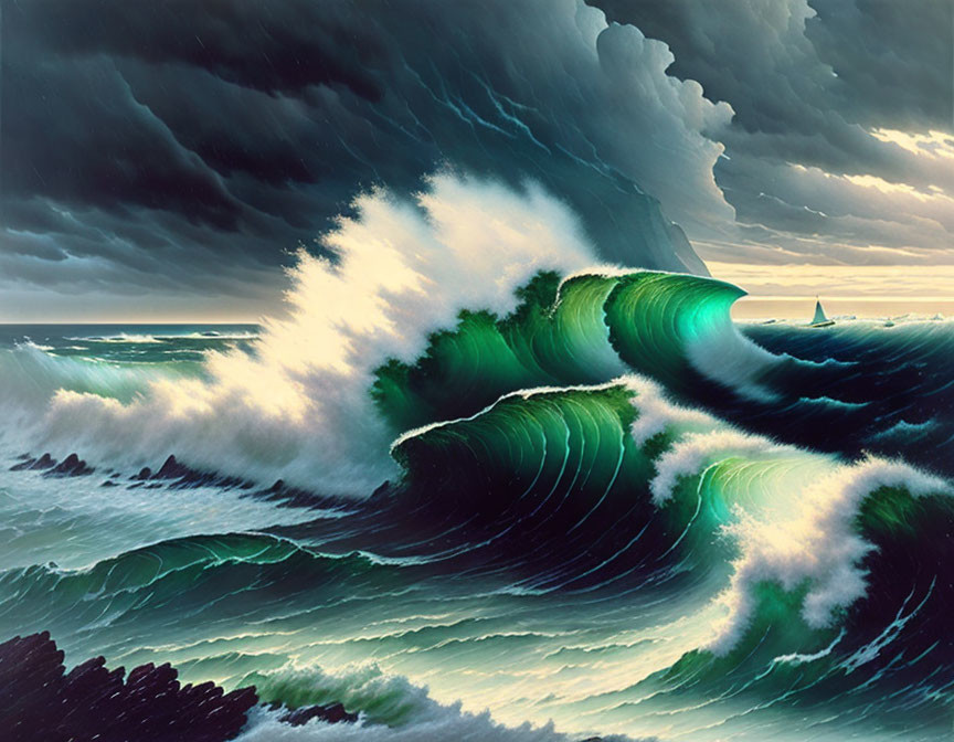 Stormy Seascape: Towering Green Waves and Sailboat Horizon