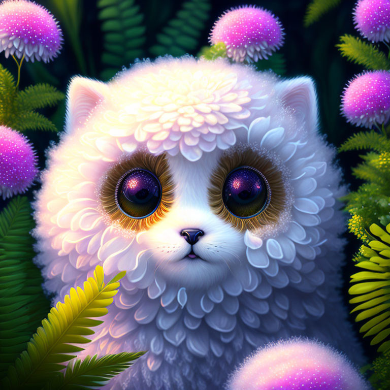 Fluffy White Cat with Golden Eyes in Lush Greenery and Purple Flowers