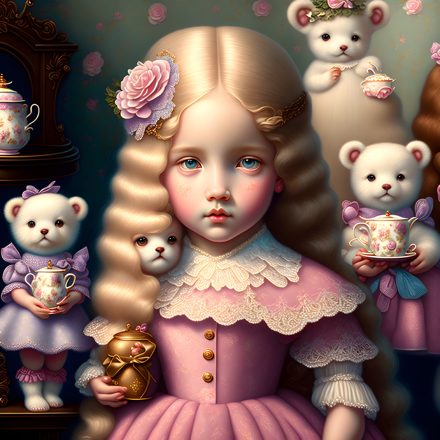 Victorian girl with anthropomorphic mice in vintage setting