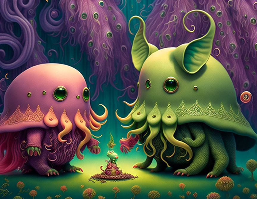 Colorful Elephant-Like Creatures with Tentacle Trunks in Vibrant Forest