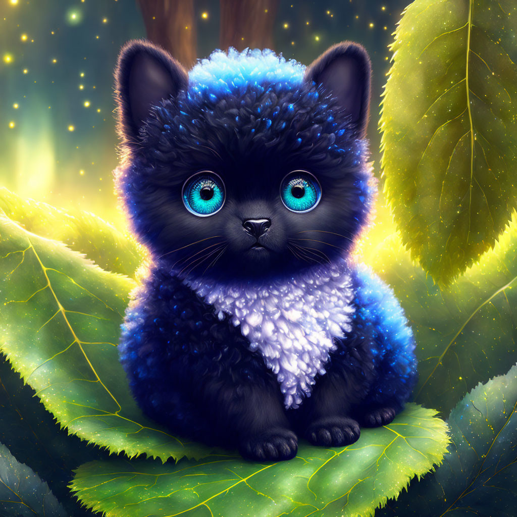 Digitally illustrated black kitten with blue eyes on green leaves with mystical blue glow