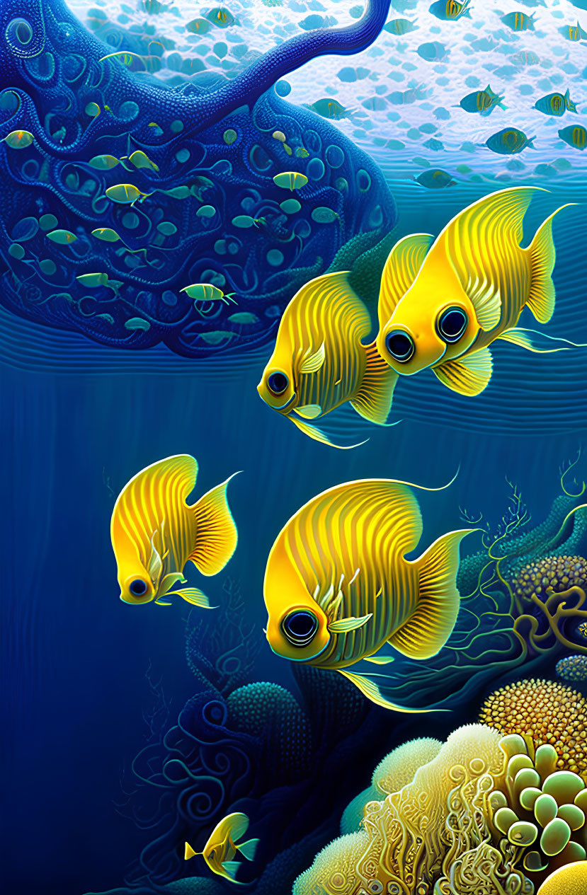 Vibrant underwater scene with yellow fish, blue whale, and coral reefs