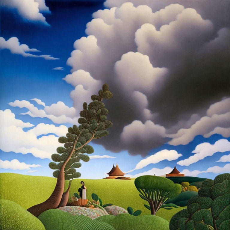 Surreal landscape with stylized trees, person under inclined tree, looming clouds, and distant tents